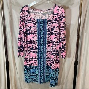 Lilly Pulitzer - Bailee Relaxed Fit Pink Blue Elephant Cotton Midi Dress - XL